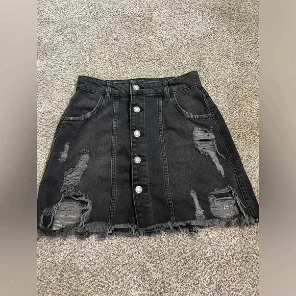 Free People Black Distressed Denim Skirt Size 2 - Picture 1 of 6